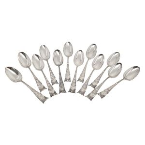 Set of 12 George Shiebler Sterling Silver Amaryllis Teaspoons w/Engraving #15844